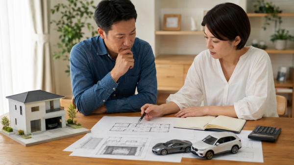 住宅展示場へ行く前にガレージハウスの図面と車の寸法を確認する日本人夫婦