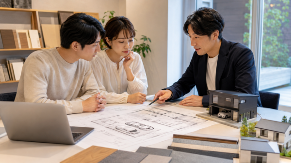 ガレージハウスの図面を見ながら設計担当者と事前相談する日本人夫婦