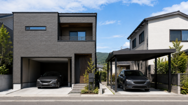 住宅一体型のビルトインガレージと開放型カーポートの違いを比較できる現代的な住宅外観