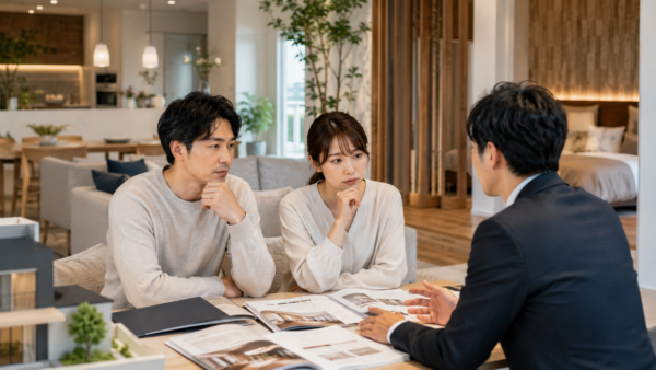 住宅展示場の室内で、夫婦が営業担当者から説明を受けながら紹介制度や担当者選びについて慎重に相談している様子