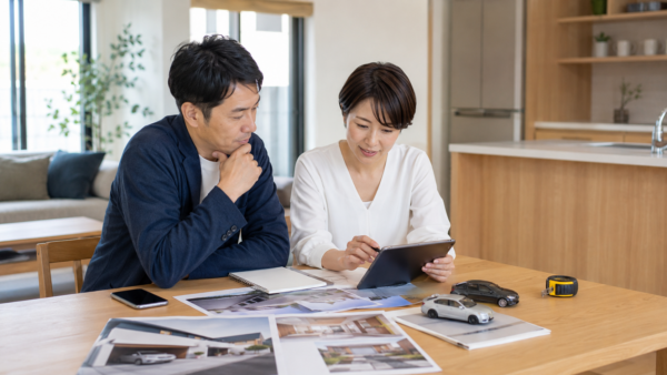 積水ハウスの展示場へ行く前に、夫婦がタブレットや資料を見ながらガレージハウスの条件を整理している様子