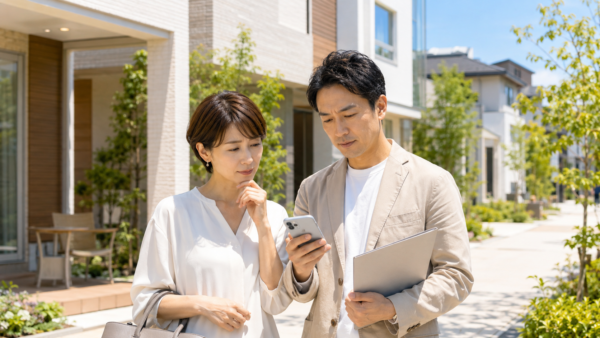住宅展示場の前でスマホを見ながら予約するか慎重に検討する日本人夫婦