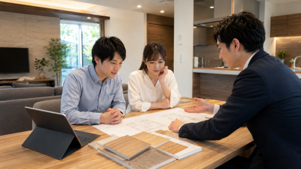モデルハウス内で住宅会社の担当者から間取りや仕様の説明を受ける日本人夫婦