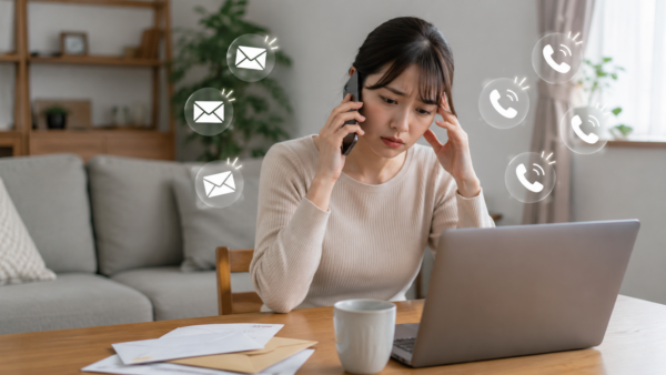自宅で営業電話やメール連絡に不安を感じながら対応する日本人女性