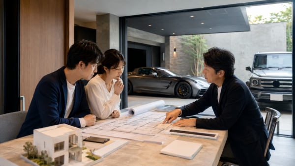 ガレージハウスの図面を確認しながら車の寸法や動線を相談する日本人夫婦