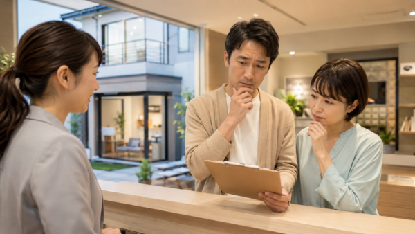 住宅展示場の受付でアンケート用紙を前に、住所を書くべきか慎重に考える日本人夫婦