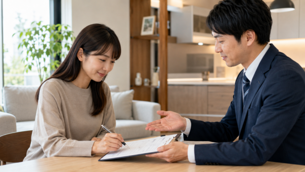 住宅展示場の相談席で住所記入を控えたい意向を丁寧に伝える日本人女性と営業担当者