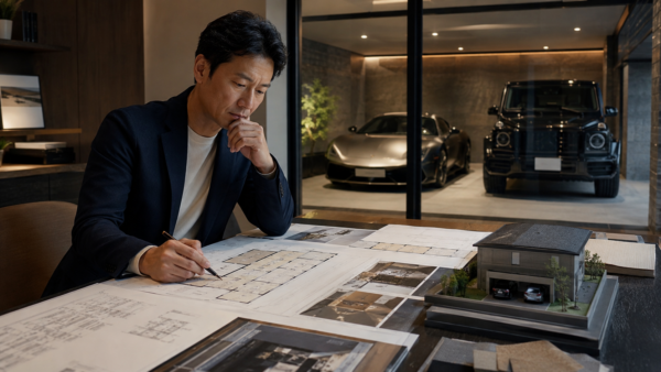 ビルトインガレージ計画の図面と模型を確認しながら車種寸法や動線を整理する日本人男性