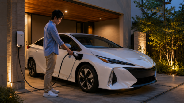 夜の自宅ガレージでプリウスPHVを充電する日本人男性