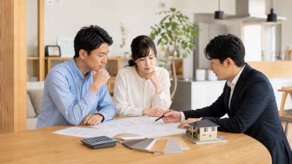 住友林業の家の価格を相談する夫婦と住宅アドバイザー