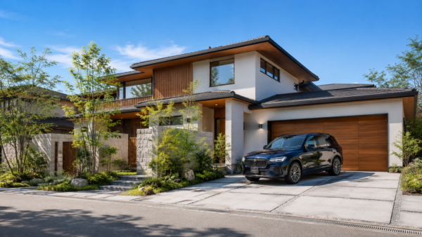 木質感のある高級注文住宅とガレージ前のSUV
