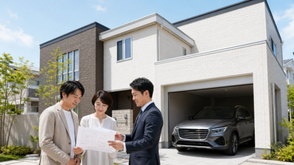 ガレージ付き住宅の前で標準仕様と間取りを確認する日本人夫婦