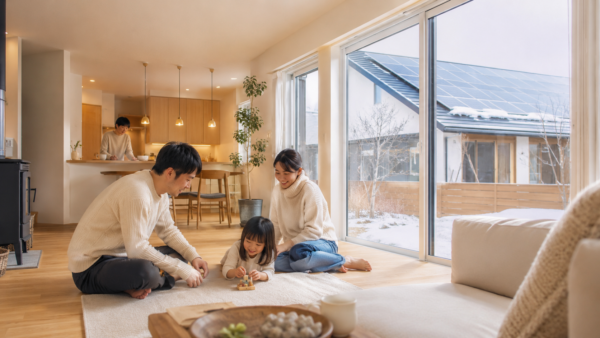 床暖房と太陽光設備のある高断熱住宅でくつろぐ日本人家族