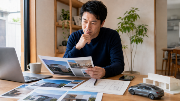 ガレージハウスの資料と図面を確認する男性