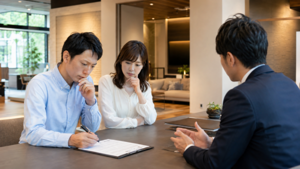 展示場で相談しながらアンケートを記入する夫婦