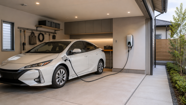 200V充電器に接続したプリウスPHVと整理された自宅ガレージ